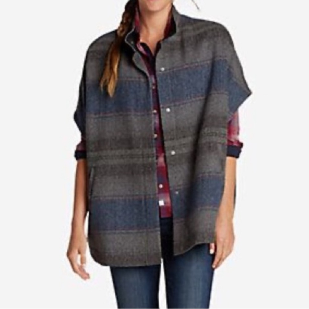 Eddie Bauer Sonoma Wool Blend Snap Front Cape Poncho, Gray/Blue - Womens XS